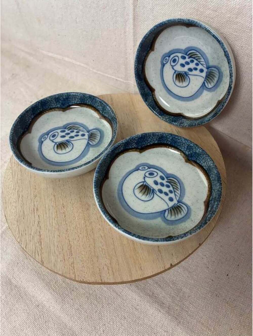 Set of 3 Japanese Pufferfish Ceramic Bowls
